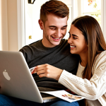 A cozy home interior depicting a young couple celebrating their recent marriage, subtly showcasing real estate brochures and a laptop displaying property listings in the background. Focus on warmth, happiness, and the idea of starting a new chapter.
