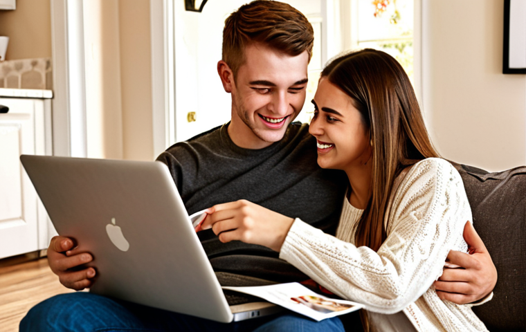 A cozy home interior depicting a young couple celebrating their recent marriage, subtly showcasing real estate brochures and a laptop displaying property listings in the background. Focus on warmth, happiness, and the idea of starting a new chapter.