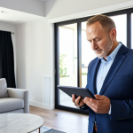 **

A professional real estate appraiser, fully clothed in appropriate attire, carefully examining a property's features with a tablet in hand. The setting is a bright, modern living room. The appraiser is taking notes and measuring dimensions. "Safe for work," "appropriate content," "fully clothed," "professional," perfect anatomy, correct proportions, natural pose, well-formed hands, proper finger count, natural body proportions, high quality.

**