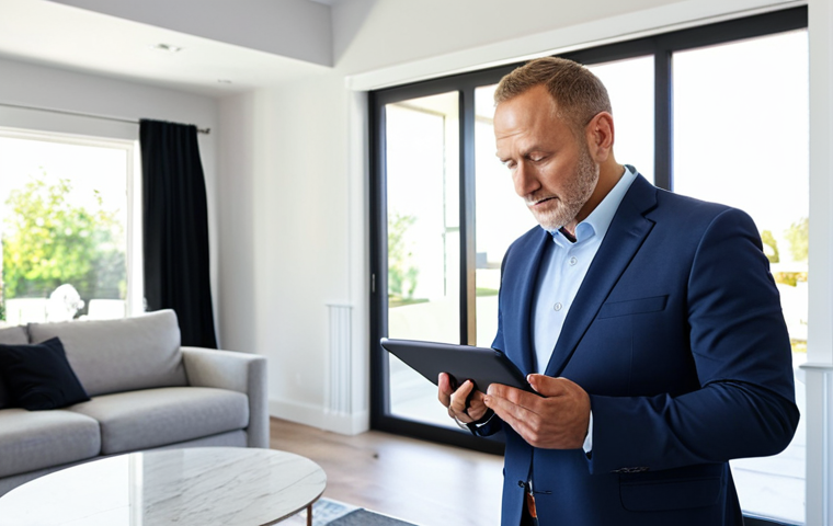 **
A professional real estate appraiser, fully clothed in appropriate attire, carefully examining a property's features with a tablet in hand. The setting is a bright, modern living room. The appraiser is taking notes and measuring dimensions. "Safe for work," "appropriate content," "fully clothed," "professional," perfect anatomy, correct proportions, natural pose, well-formed hands, proper finger count, natural body proportions, high quality.
**